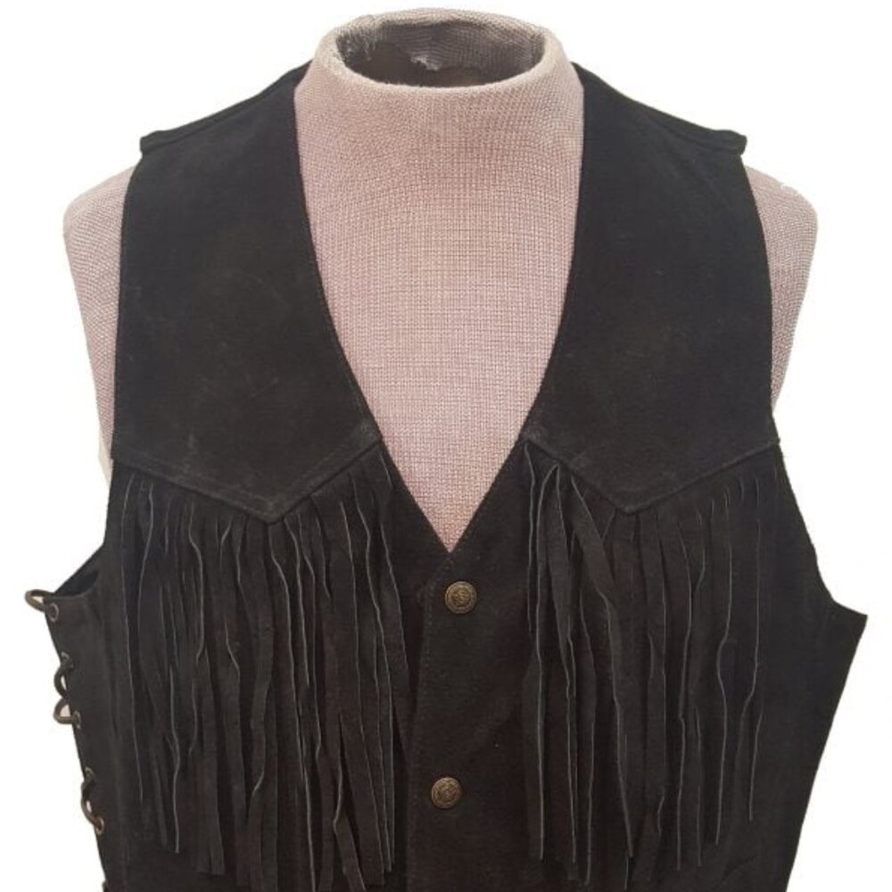 Men’s Country Western Cowboy Suede Leather Fringed Vest with Adjustable Laces